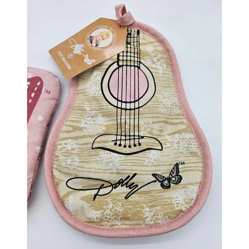Dolly Parton From My Heart Pot Holder Set Butterfly Guitar Pink 2pc NWT